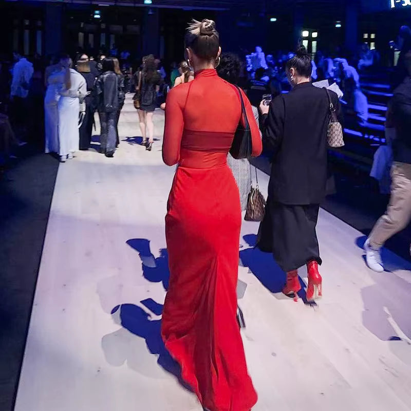 Elegant See Through Turtleneck Floor-Length High Waist Mesh Maxi Dress