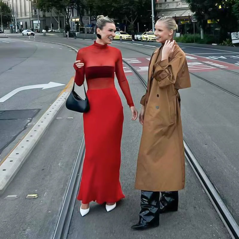 Elegant See Through Turtleneck Floor-Length High Waist Mesh Maxi Dress
