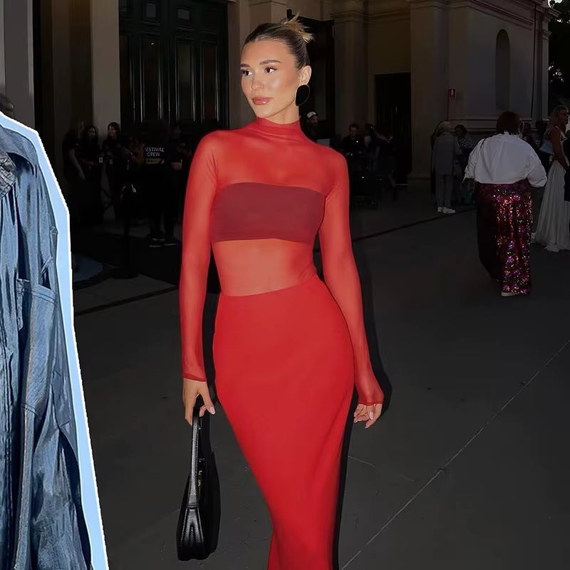 Elegant See Through Turtleneck Floor-Length High Waist Mesh Maxi Dress