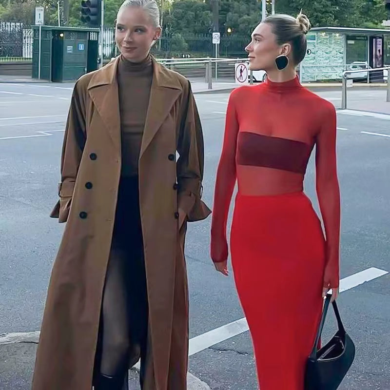 Elegant See Through Turtleneck Floor-Length High Waist Mesh Maxi Dress