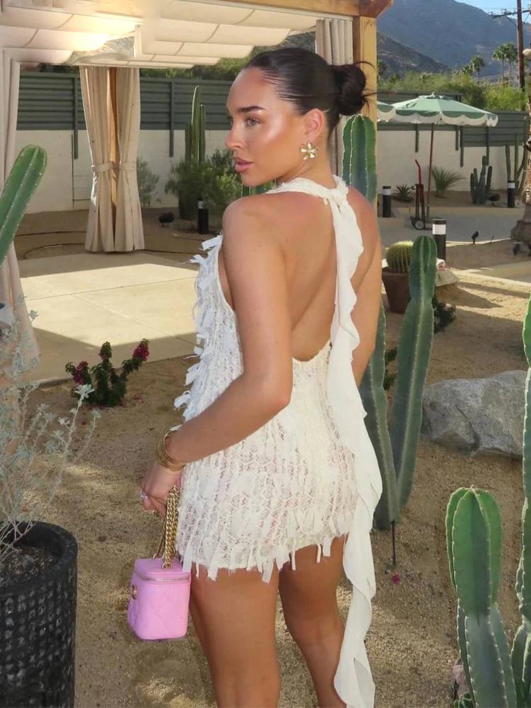 Elegant See Through Weird Puss Halter Tassel Trend Backless Skinny Stretch Midnight Bodycon Clubwear  Dress