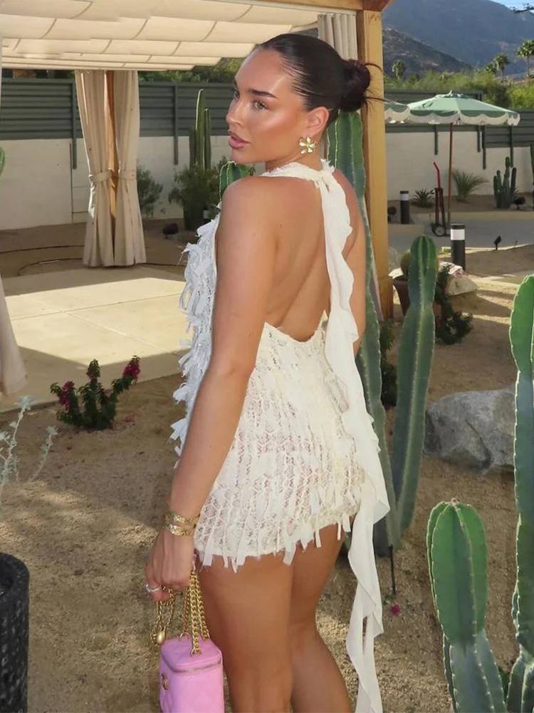 Elegant See Through Weird Puss Halter Tassel Trend Backless Skinny Stretch Midnight Bodycon Clubwear  Dress