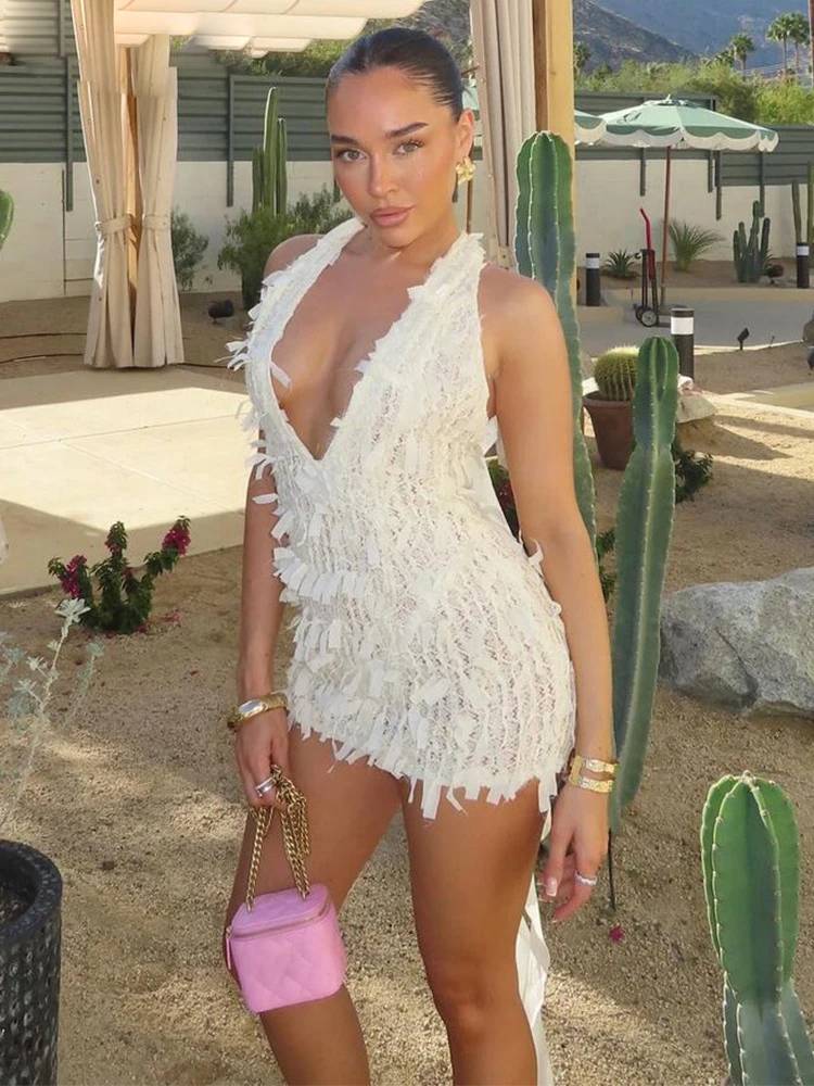Elegant See Through Weird Puss Halter Tassel Trend Backless Skinny Stretch Midnight Bodycon Clubwear  Dress