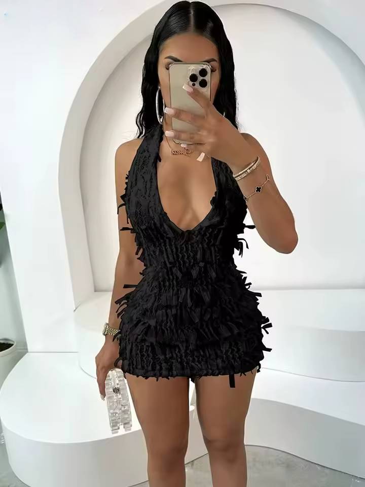 Elegant See Through Weird Puss Halter Tassel Trend Backless Skinny Stretch Midnight Bodycon Clubwear  Dress