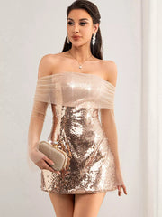 Elegant Sequin Bateau Neck Off-Shoulder Night Out Mini Dress