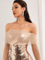 Elegant Sequin Bateau Neck Off-Shoulder Night Out Mini Dress