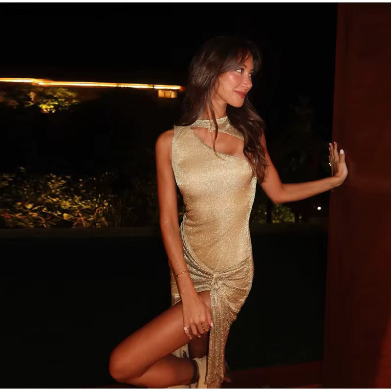 Elegant Sequin Hallow Out O-neck Knot High Split Long Sleeveless Midi Dresses