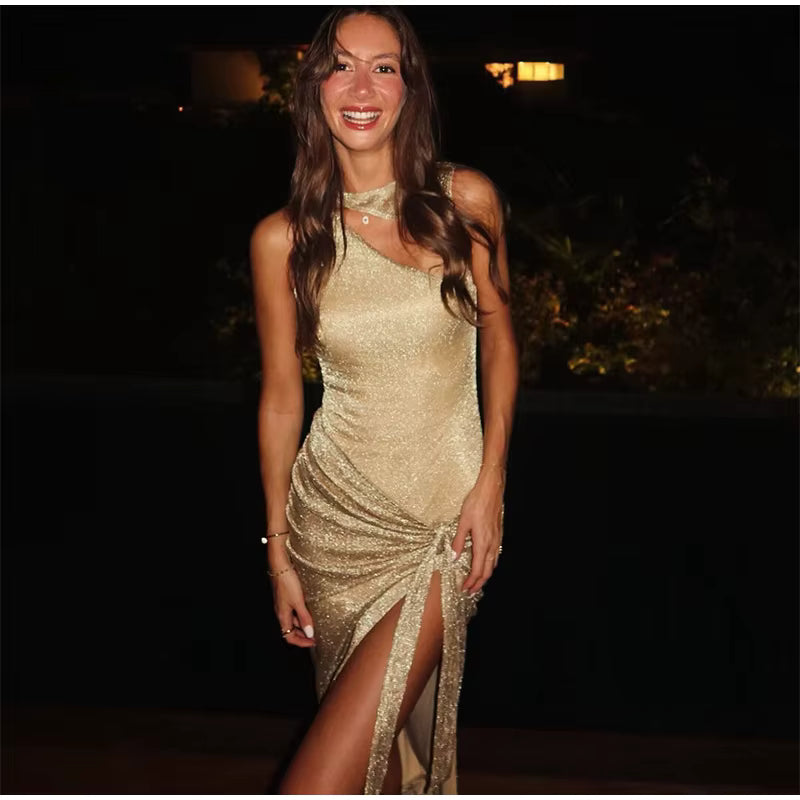 Elegant Sequin Hallow Out O-neck Knot High Split Long Sleeveless Midi Dresses