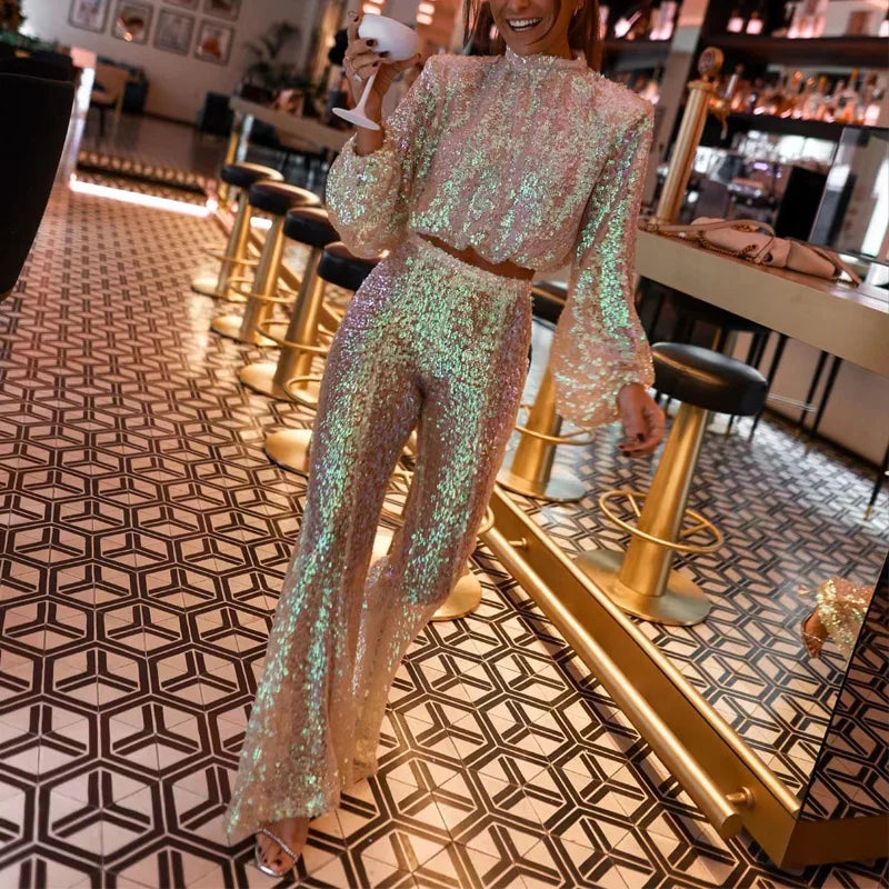 Elegant Sequin Lantern Sleeve Tops Pullover High Waist Pant 2 Piece Suit