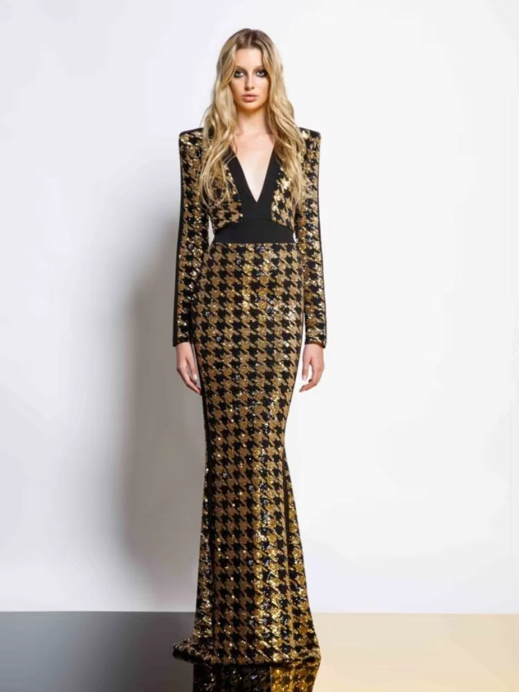 Elegant Sequin Long Sleeves V-Neck Bird Lattice Bodycon Maxi Dress