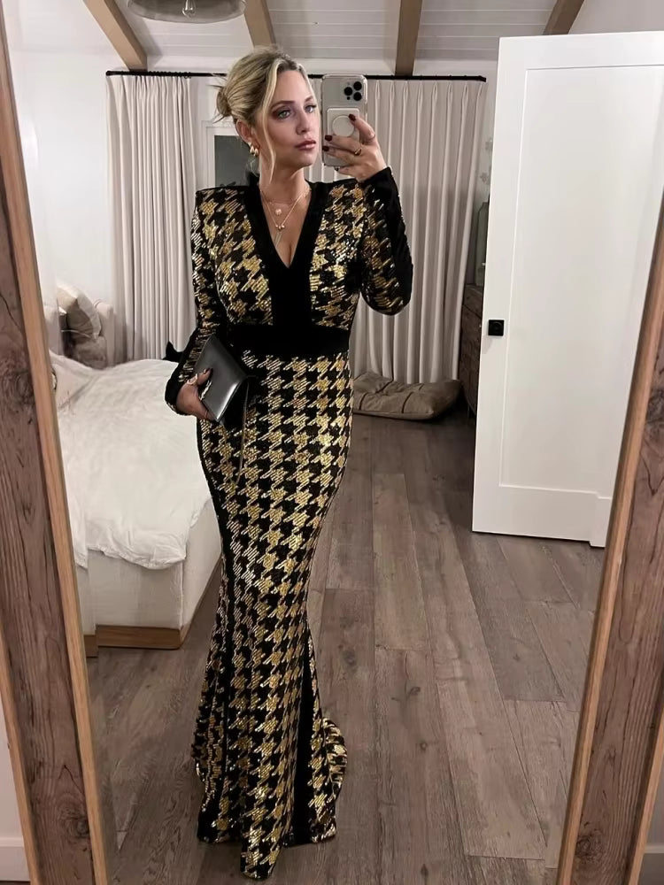 Elegant Sequin Long Sleeves V-Neck Bird Lattice Bodycon Maxi Dress