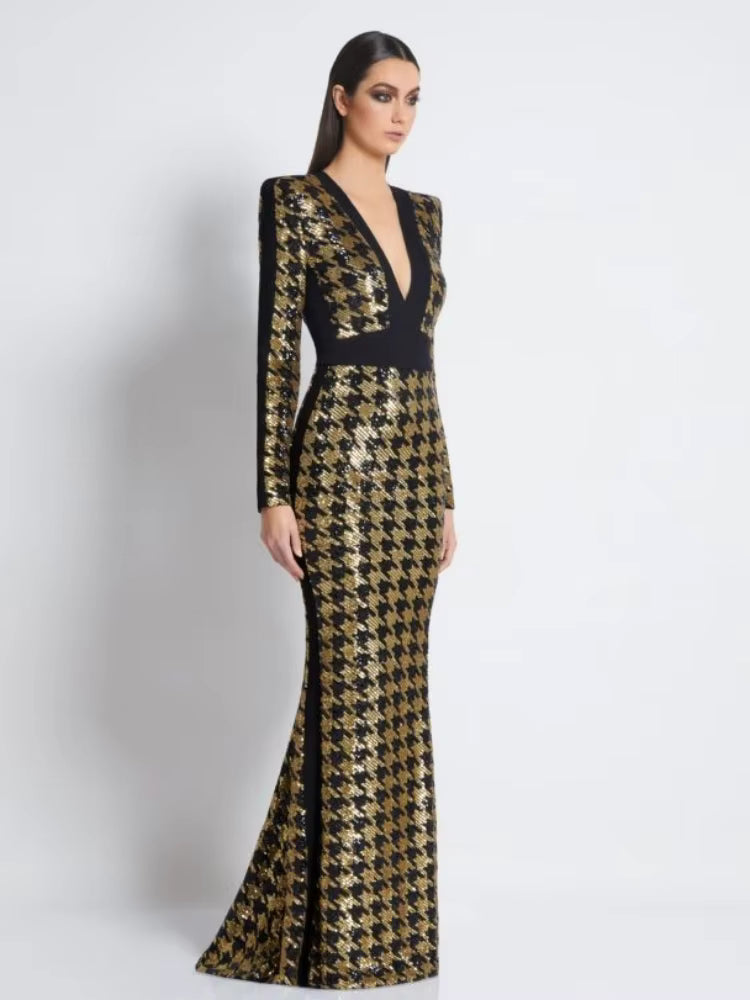 Elegant Sequin Long Sleeves V-Neck Bird Lattice Bodycon Maxi Dress