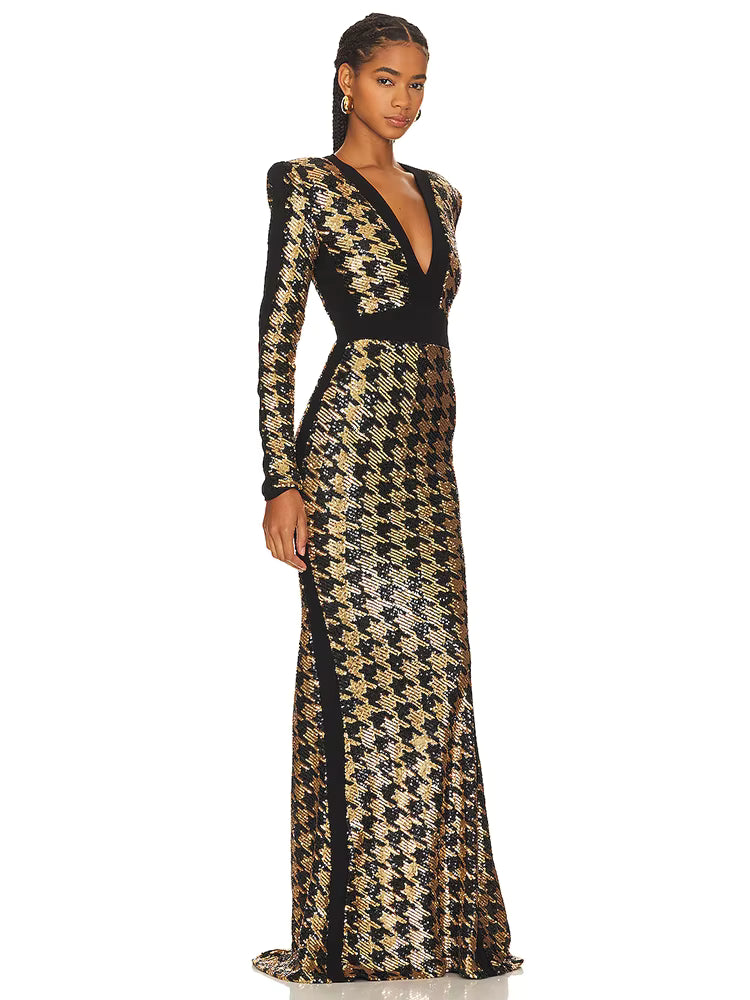 Elegant Sequin Long Sleeves V-Neck Bird Lattice Bodycon Maxi Dress