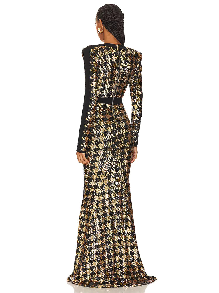 Elegant Sequin Long Sleeves V-Neck Bird Lattice Bodycon Maxi Dress