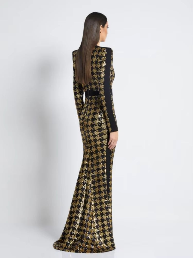 Elegant Sequin Long Sleeves V-Neck Bird Lattice Bodycon Maxi Dress