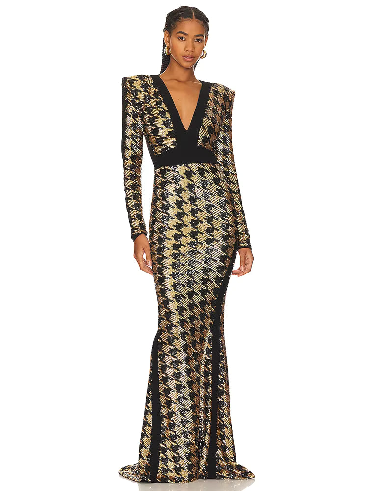 Elegant Sequin Long Sleeves V-Neck Bird Lattice Bodycon Maxi Dress