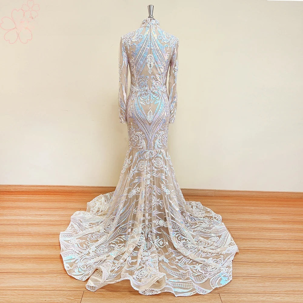 Elegant Sequin Mermaid Evening Long Sleeves Formal Wedding Prom Party Gown