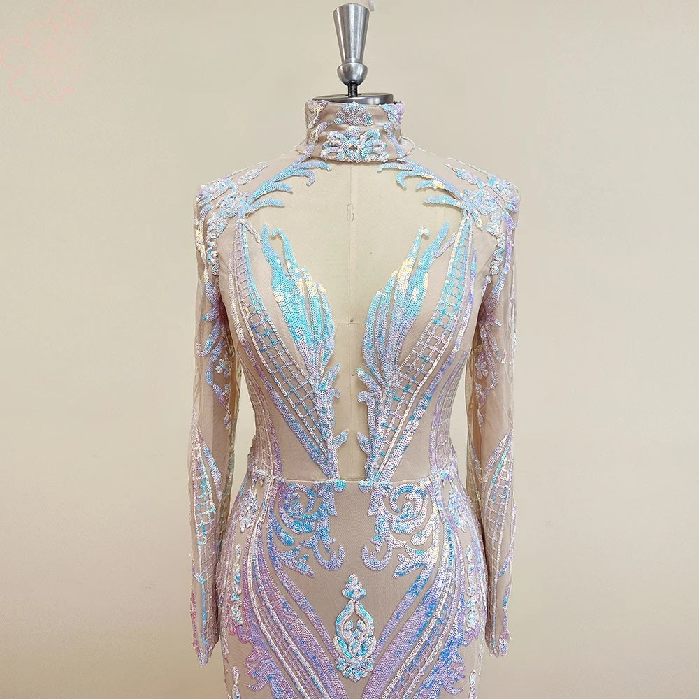 Elegant Sequin Mermaid Evening Long Sleeves Formal Wedding Prom Party Gown