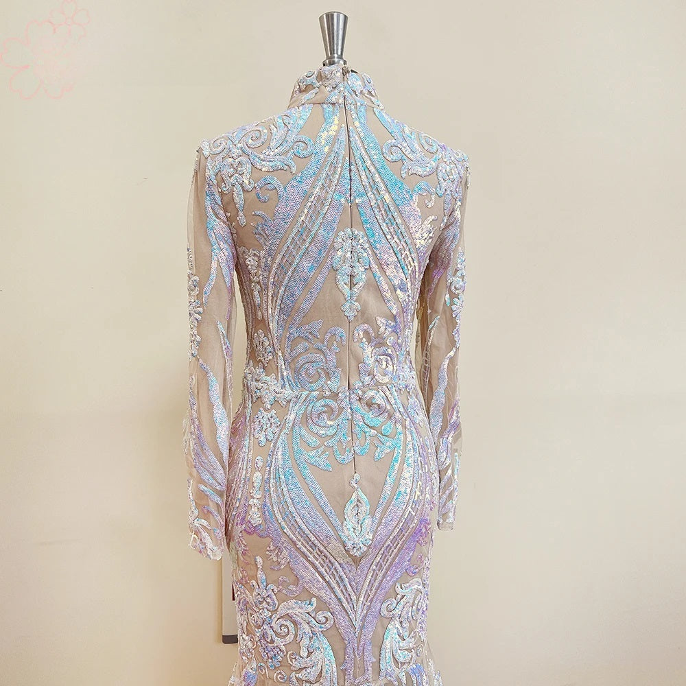 Elegant Sequin Mermaid Evening Long Sleeves Formal Wedding Prom Party Gown