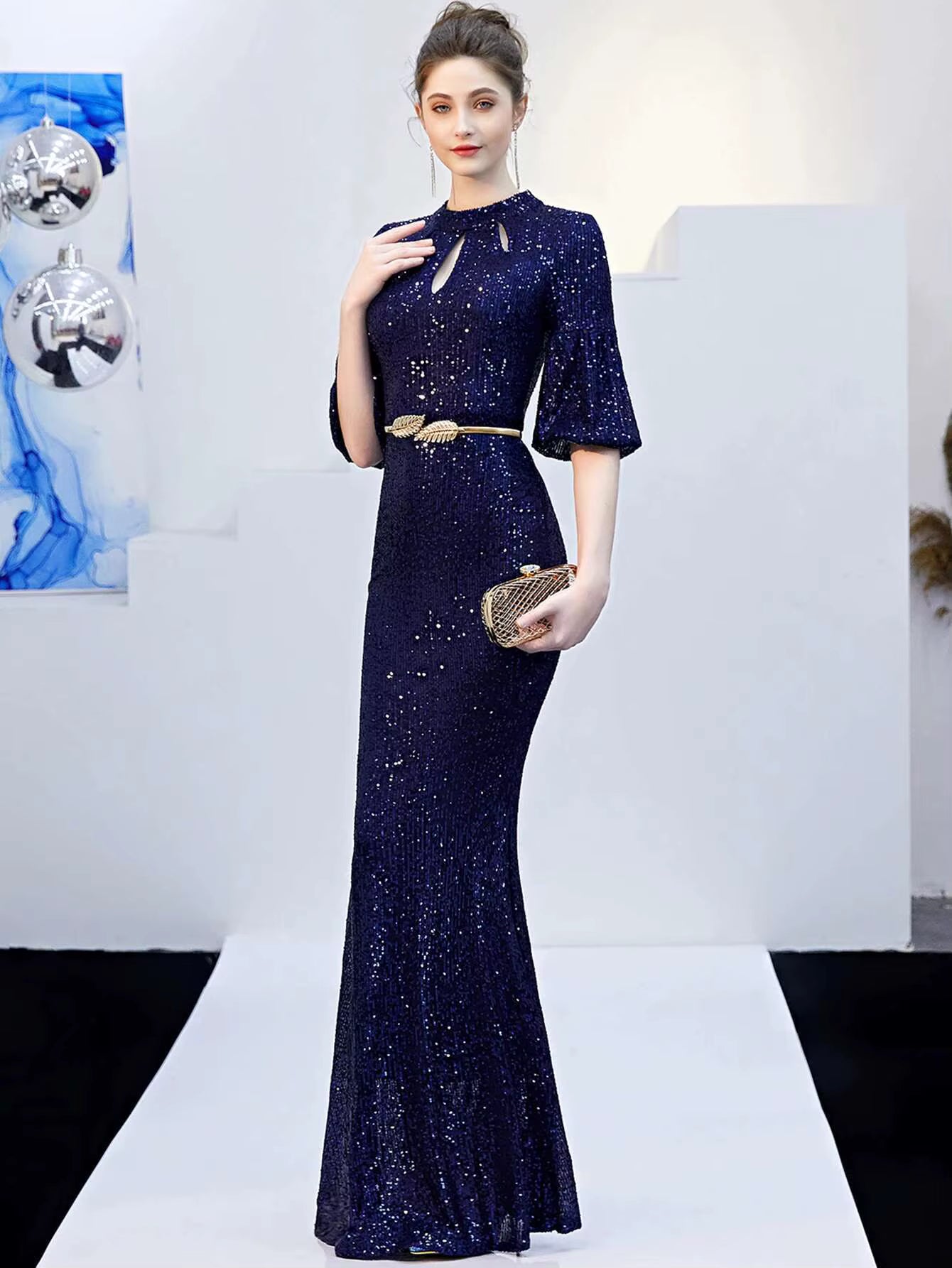 Elegant Sequin O-Neck Zipper Luxury Evening Long Maxi Dress