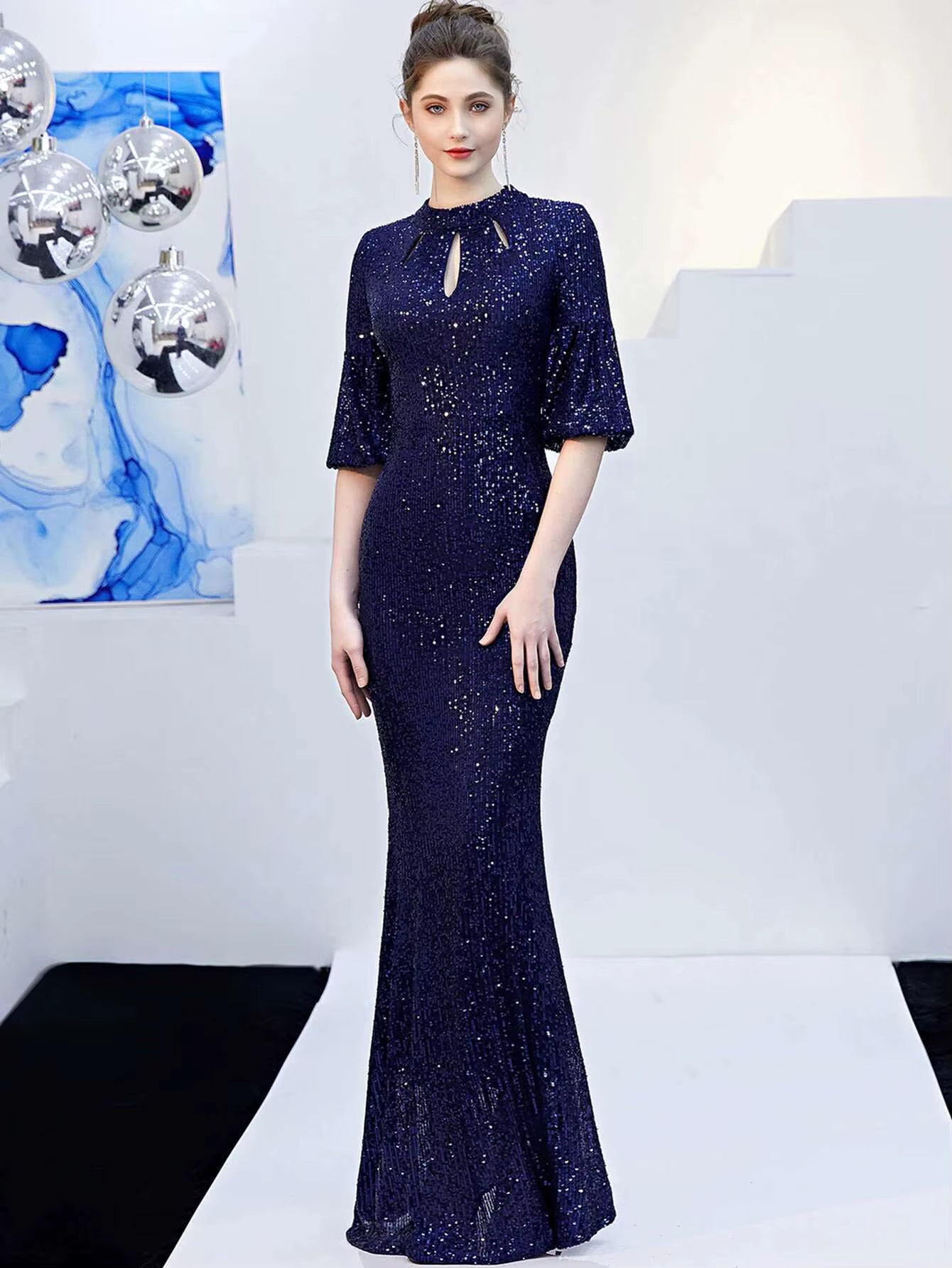 Elegant Sequin O-Neck Zipper Luxury Evening Long Maxi Dress