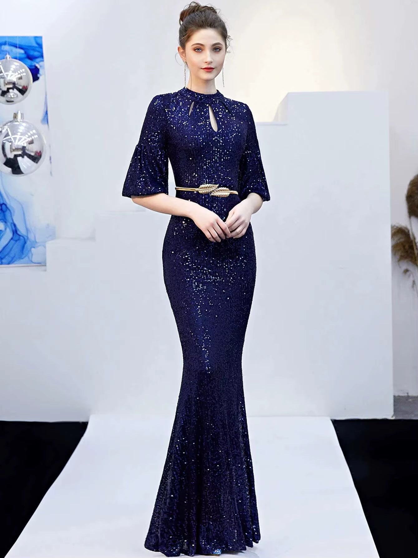 Elegant Sequin O-Neck Zipper Luxury Evening Long Maxi Dress