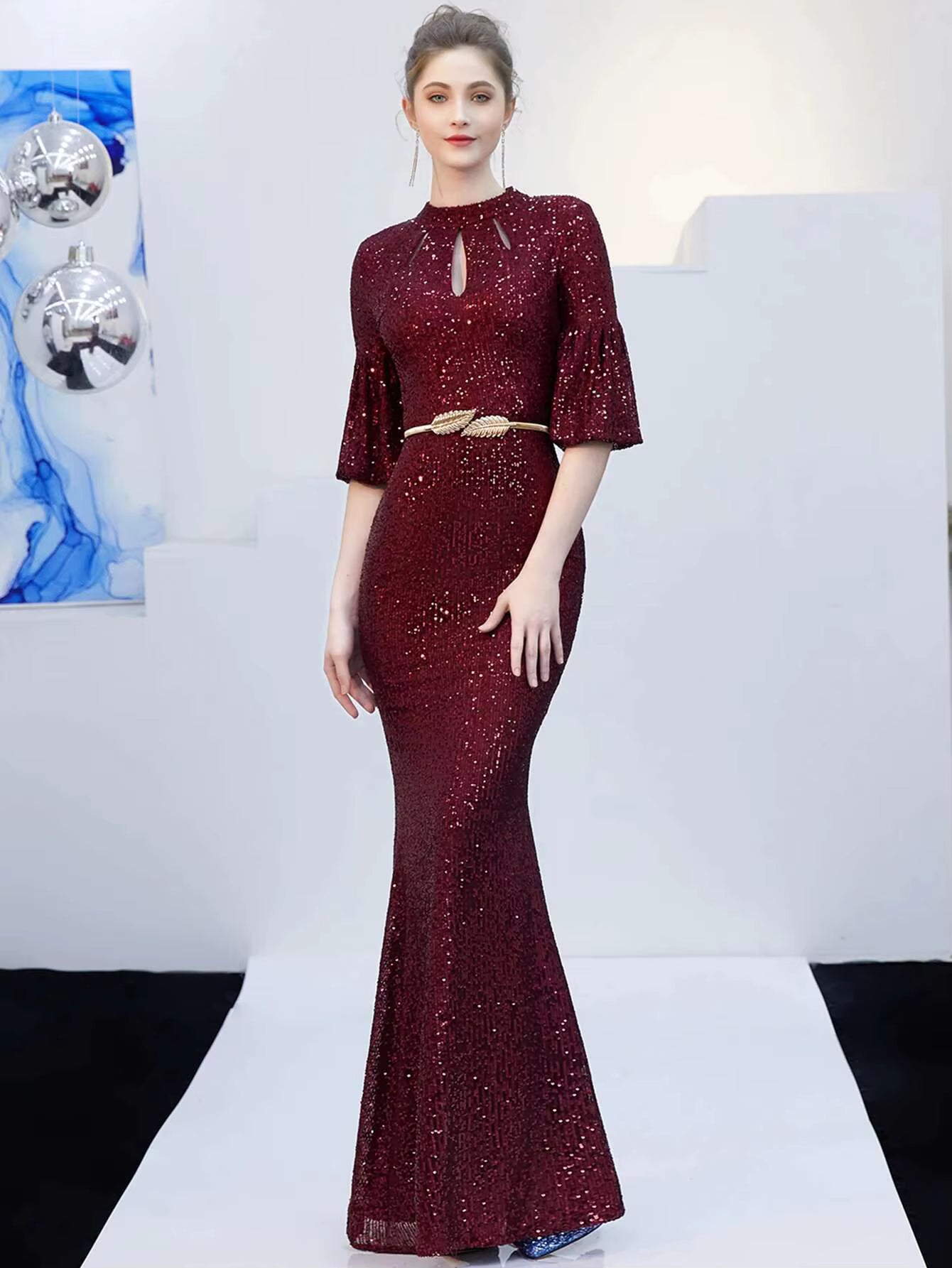 Elegant Sequin O-Neck Zipper Luxury Evening Long Maxi Dress