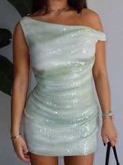 Elegant Sequin One Shoulder Bodycon Mini Club Dress