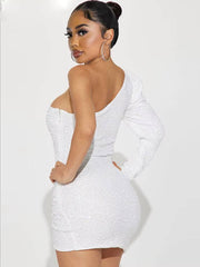 Elegant Sequin One Shoulder Long Sleeve Slim Birthday Party Mini Dress