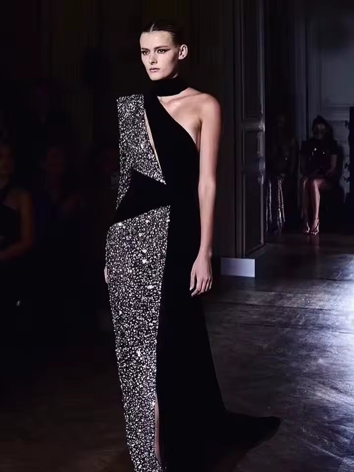 Elegant Sequin Patchwork Halter Neck One Shoulder Long Sleeve Maxi Dress