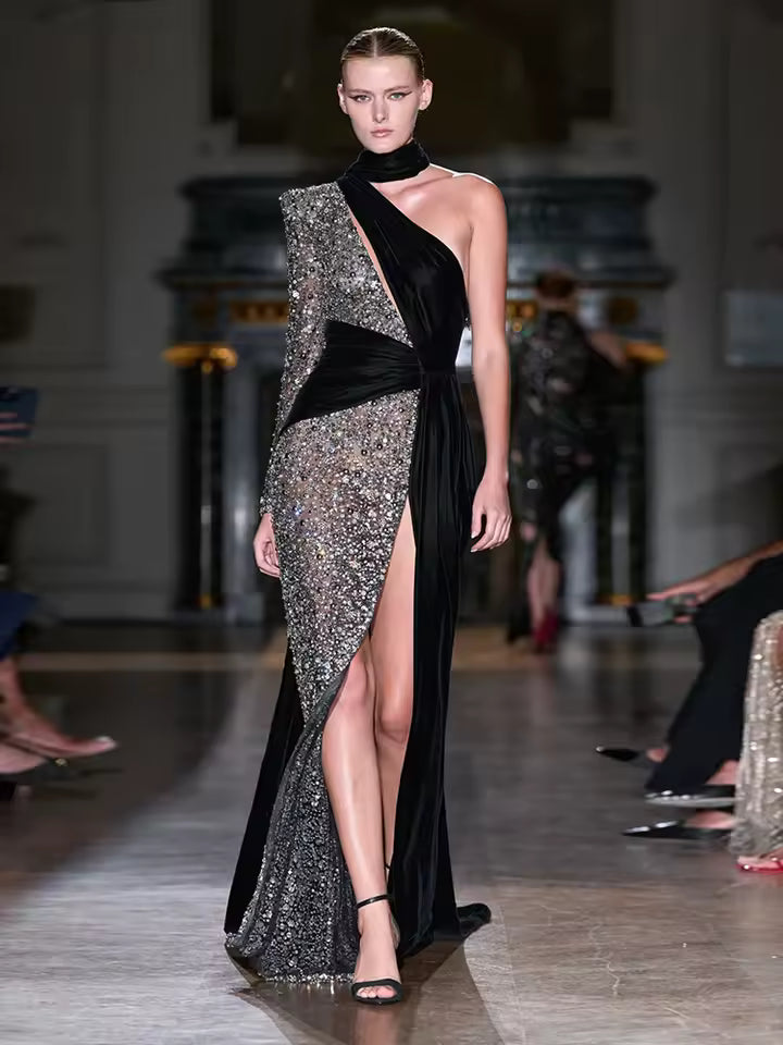 Elegant Sequin Patchwork Halter Neck One Shoulder Long Sleeve Maxi Dress