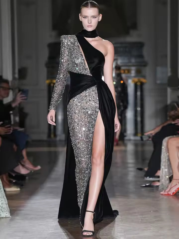 Elegant Sequin Patchwork Halter Neck One Shoulder Long Sleeve Maxi Dress