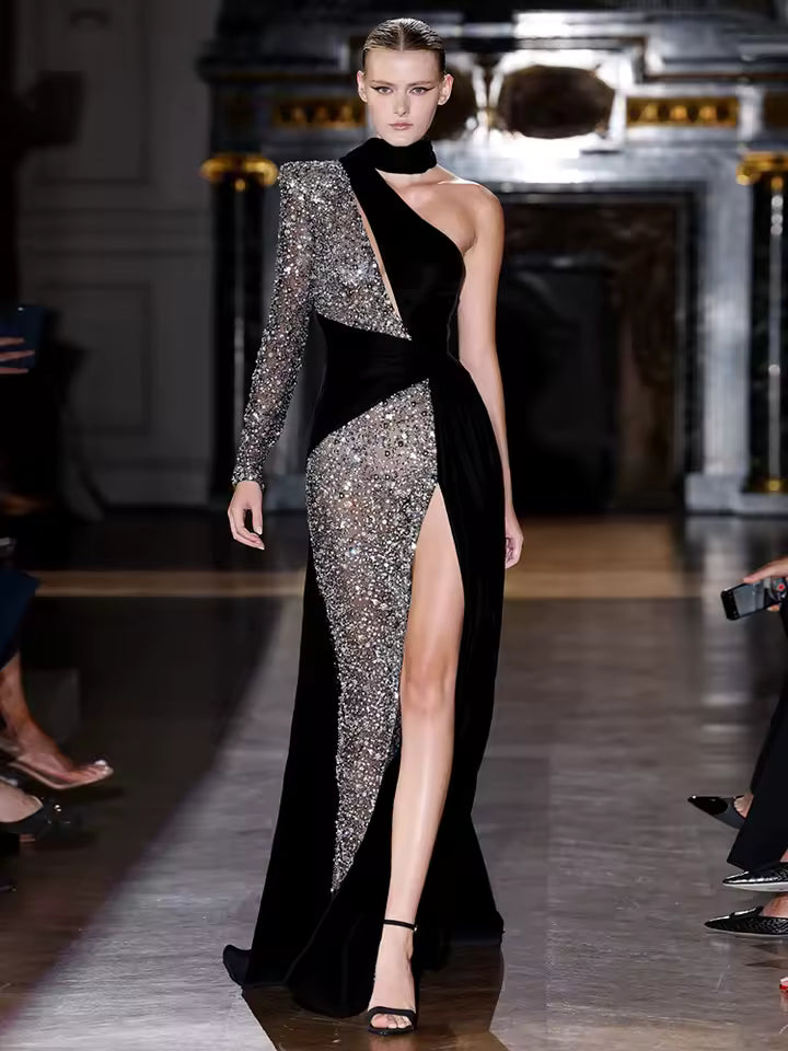 Elegant Sequin Patchwork Halter Neck One Shoulder Long Sleeve Maxi Dress