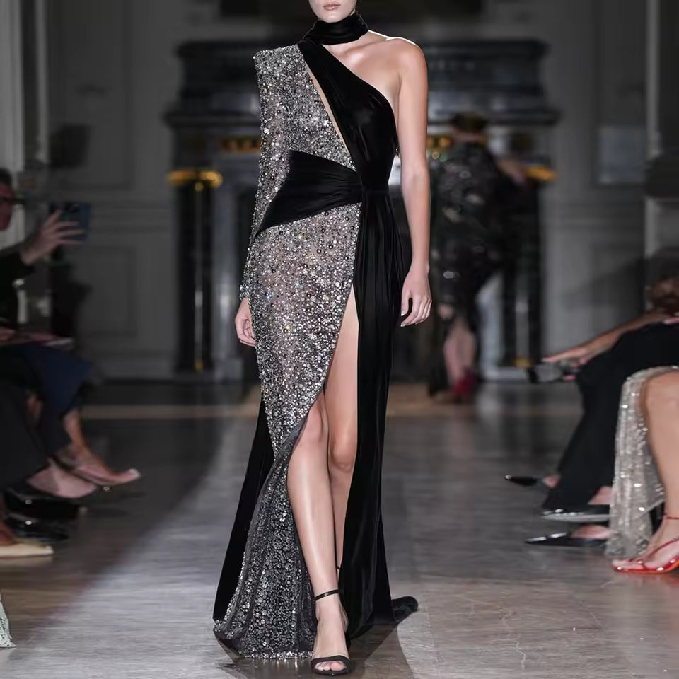 Elegant Sequin Patchwork Halter Neck One Shoulder Long Sleeve Maxi Dress