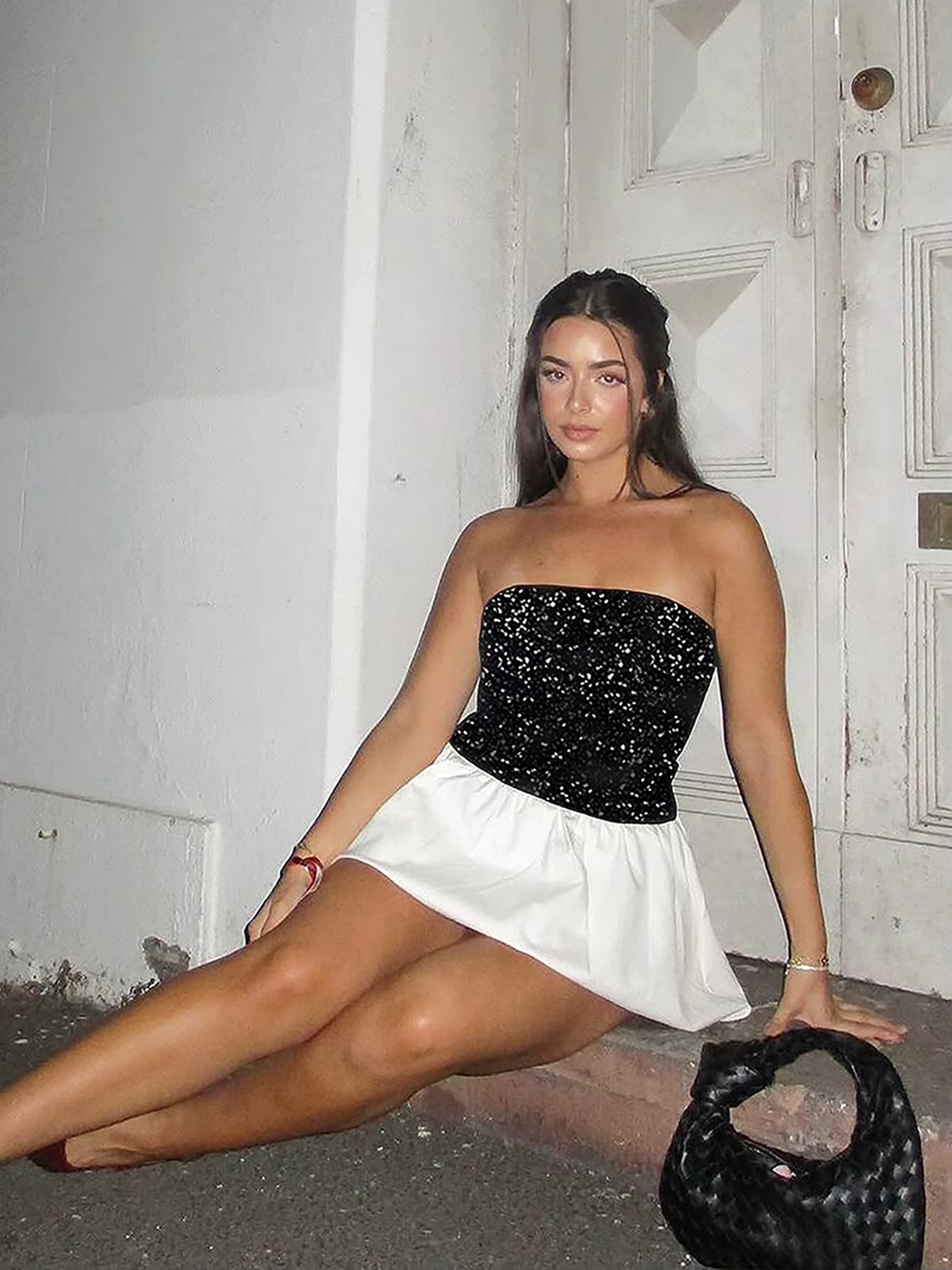 Elegant Sequin Patchwork Ruched Sleeveless Strapless Mini Dress