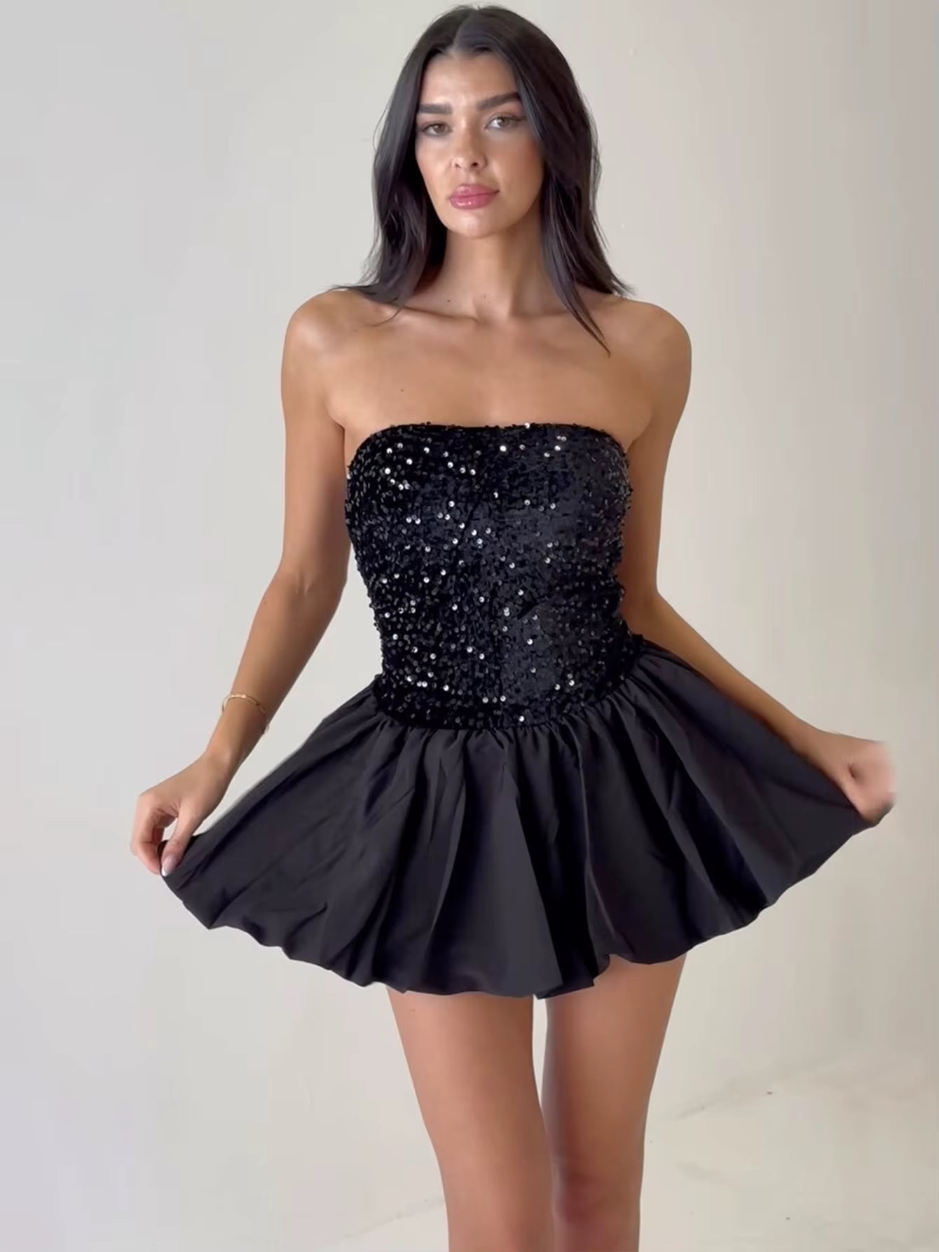 Elegant Sequin Patchwork Ruched Sleeveless Strapless Mini Dress