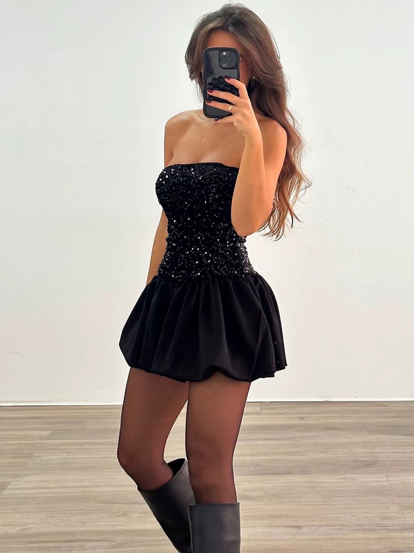 Elegant Sequin Patchwork Ruched Sleeveless Strapless Mini Dress
