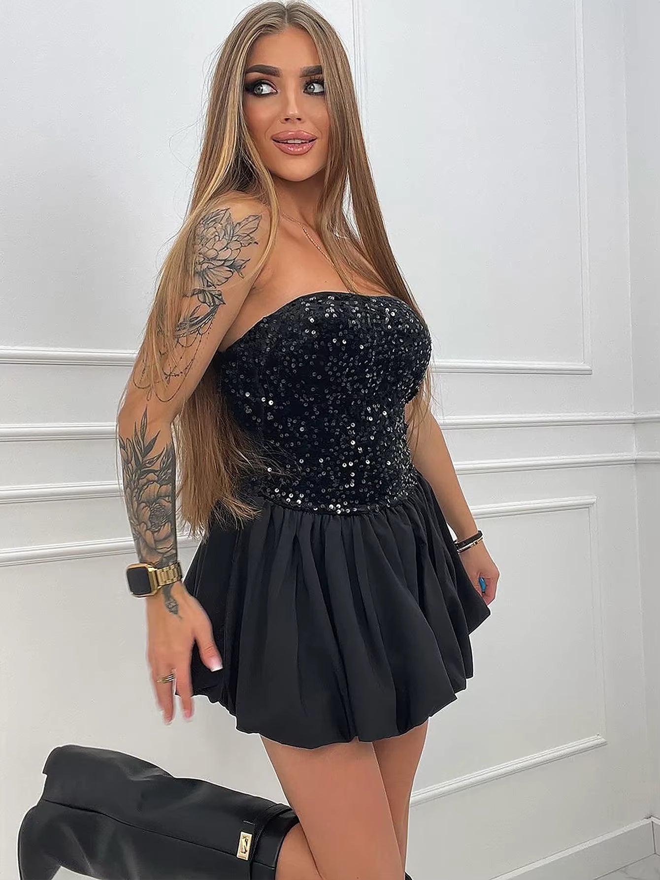 Elegant Sequin Patchwork Ruched Sleeveless Strapless Mini Dress