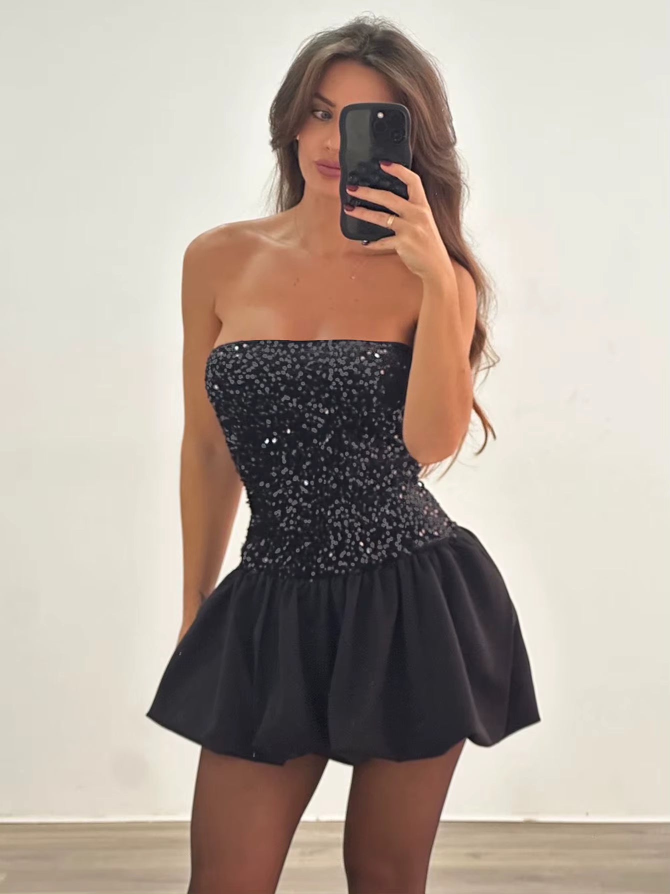Elegant Sequin Patchwork Ruched Sleeveless Strapless Mini Dress