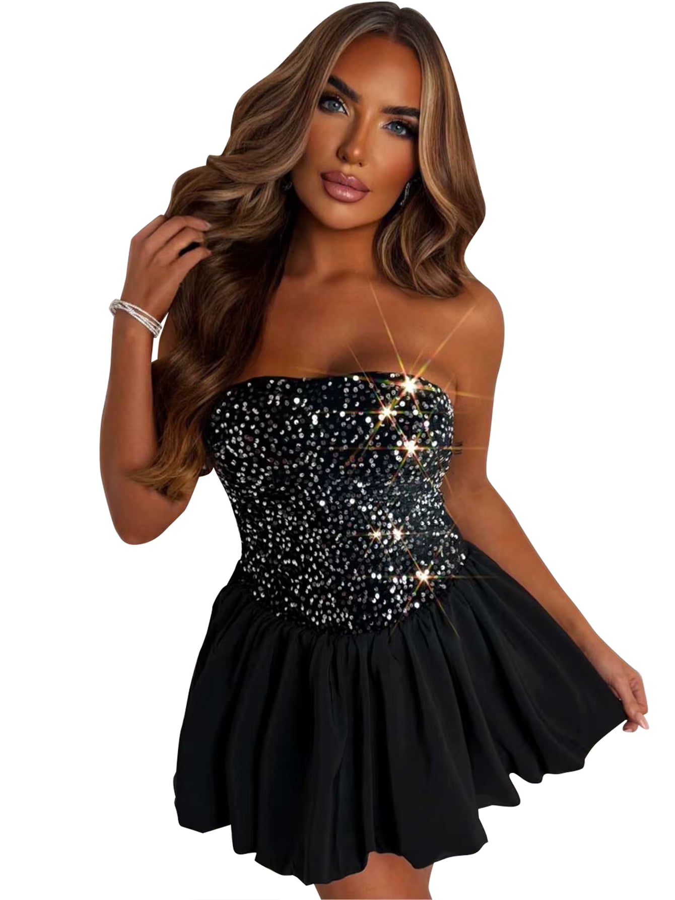 Elegant Sequin Patchwork Ruched Sleeveless Strapless Mini Dress
