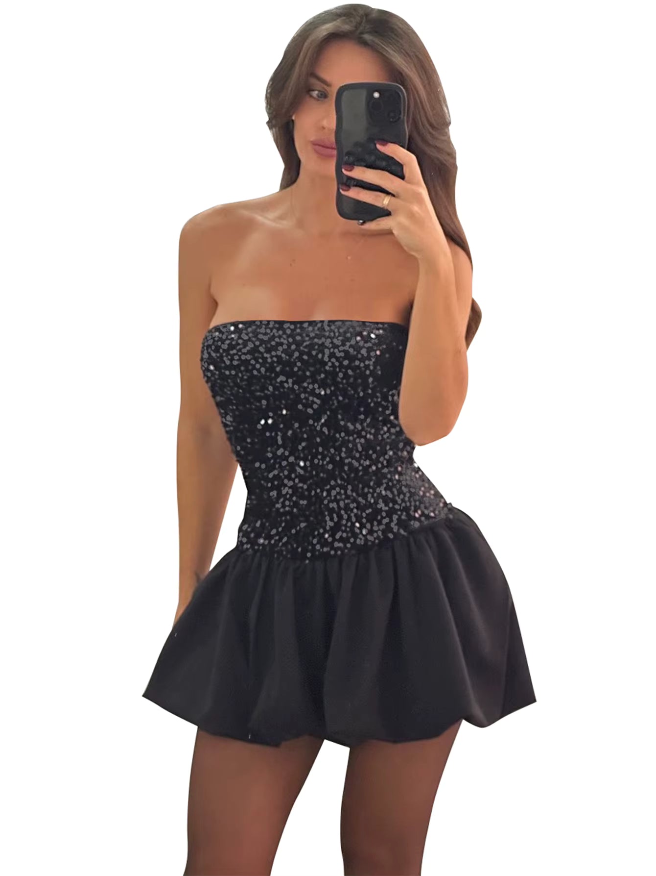 Elegant Sequin Patchwork Ruched Sleeveless Strapless Mini Dress