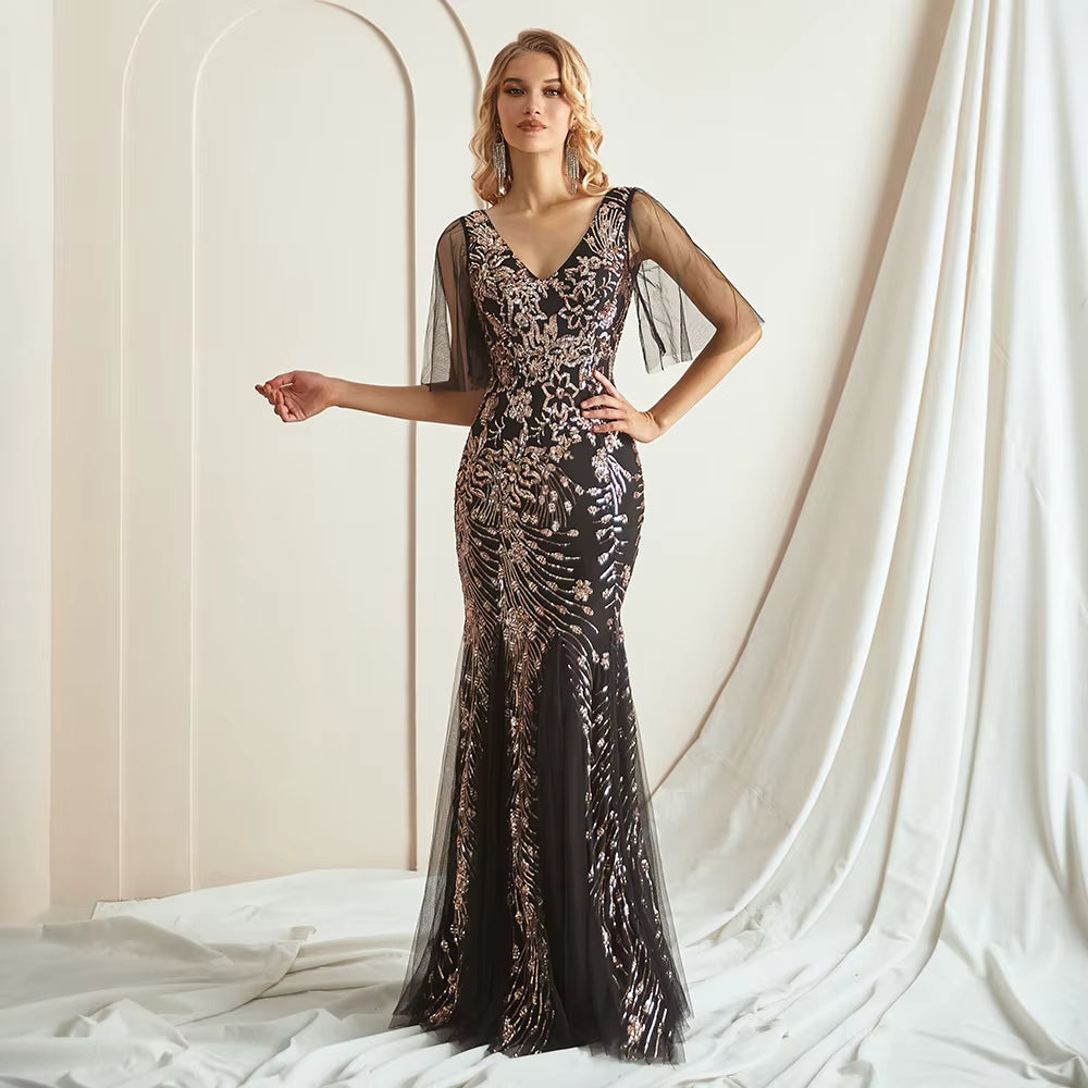 Elegant Sequin Short Sheer Sleeves V-Neck Floor-Length Evening Dress