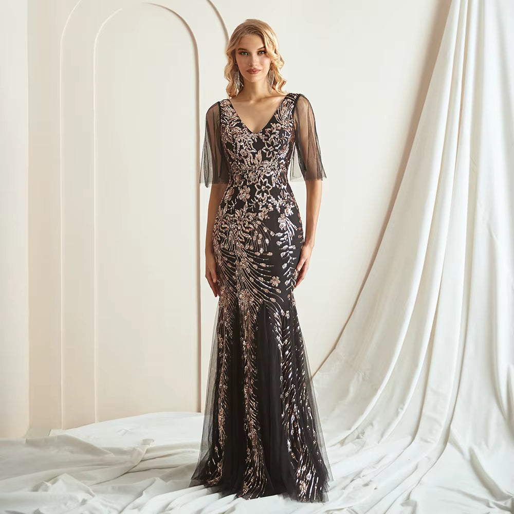 Elegant Sequin Short Sheer Sleeves V-Neck Floor-Length Evening Dress