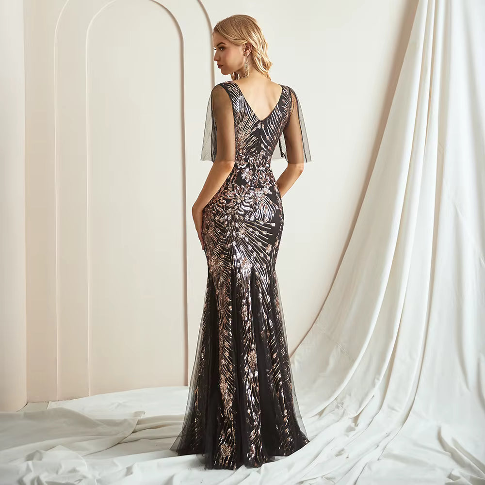 Elegant Sequin Short Sheer Sleeves V-Neck Floor-Length Evening Dress