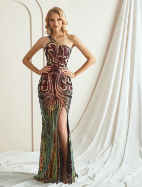 Elegant Sequin Sleeveless One-Shoulder Appliques Formal Evening Maxi Dresses