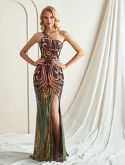 Elegant Sequin Sleeveless One-Shoulder Appliques Formal Evening Maxi Dresses