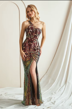 Elegant Sequin Sleeveless One-Shoulder Appliques Formal Evening Maxi Dresses