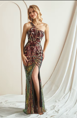 Elegant Sequin Sleeveless One-Shoulder Appliques Formal Evening Maxi Dresses