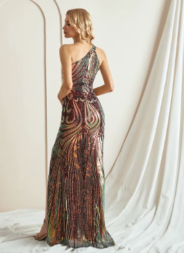 Elegant Sequin Sleeveless One-Shoulder Appliques Formal Evening Maxi Dresses