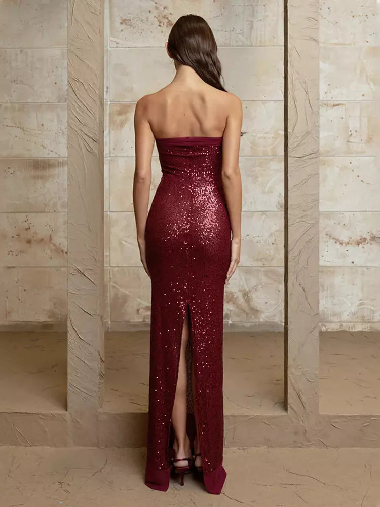 Elegant Sequin Strapless Solid Color Back Slit Long Maxi Dress